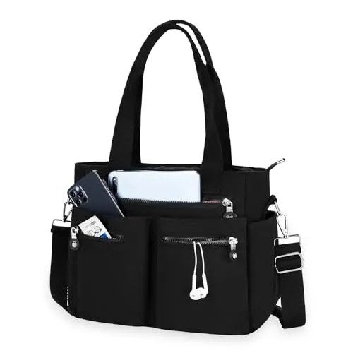 CALUOMATT Tote Bag for Women Canvas Tote Bags Handbags for Women Crossbody Bag with Multiple Pockets Black