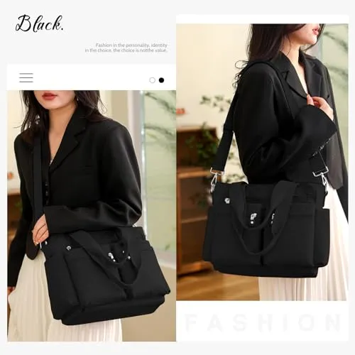 CALUOMATT Tote Bag for Women Canvas Tote Bags Handbags for Women Crossbody Bag with Multiple Pockets Black